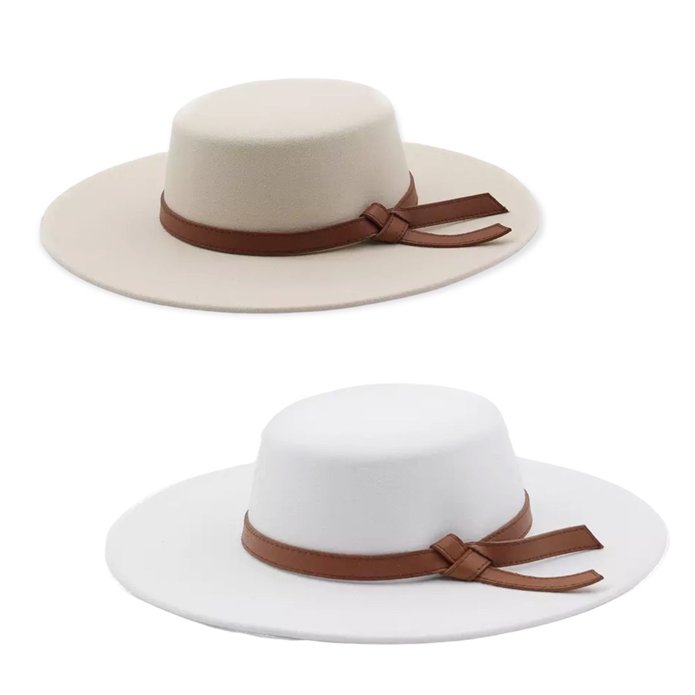 Beige Round Crown Brown Leather Band Wide Brim Fedora Boater Hat NEW - Picture 3 of 4